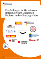 Titelblatt der Empfehlungen mit den Symbolen der Organisationen des Bevölkerungsschutzes und dem taktischen Zeichen für eine Drohne, stilisierten Flügeln